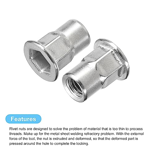 uxcell M6 Half Hex Body Rivet Nuts, 100pcs 304 Stainless Steel Threaded Insert Nuts 100
