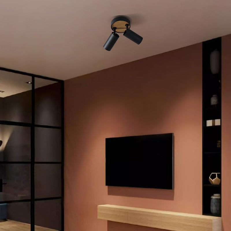 2-Light Track Lighting Fixtures Ceiling,Spotlight Indoor for Bedroom,Aluminum&Adjustable Lampshade,Black and Wood Track Lighting for Kitchen,Laundry,Bathroom,Small Space,Gu10 Directional Ceiling Light