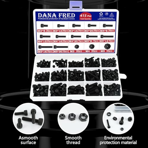 Hex Socket Head Cap Screws Nuts Kit 415pcs Black 12.9 Class Metric Thread Allen Hexagon Machine Bolt Nuts Metal Standard Fastener Hardware Alloy Steel Assortment Kit for Mechanical Components M3 M4 M5 M3M4M5-415pcs