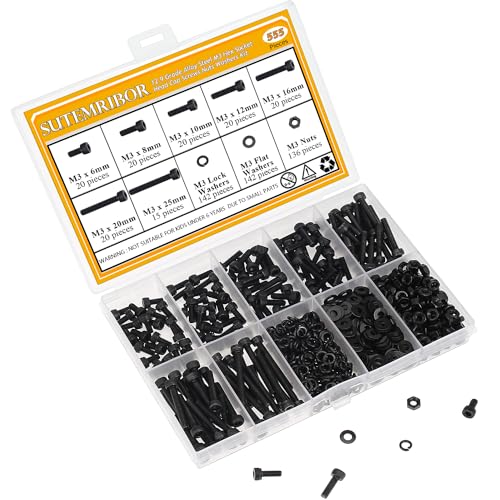 555 Pieces M3 Screws Nuts Washers Set Black, Sutemribor M3 x 6/8/10/12/16/20/25mm Hex Socket Head Cap Screws Nuts Washers Assortment Kit, 12.9 Grade Alloy Steel, Fully Threaded M3 x 6-25mm