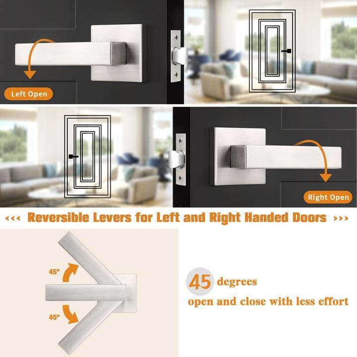 Probrico Interior Brushed Nickel Door Handle, Heavy Duty, Flat Square Passage Door Handles, Keyless Door Levers Lockset for Closet and Hallway (1 Pack, Modern) 1 Pack