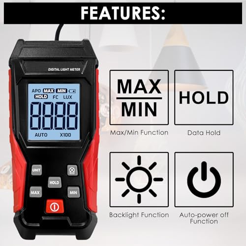 Digital Light Meter, Handheld Illuminance Meter with 360° Rotating Sensor, 0~200,000Lux Range Luxmeter with 4 Digit LCD Display, Data Hold, Max/Min for Plants, Photography, Headlights, Home, Office