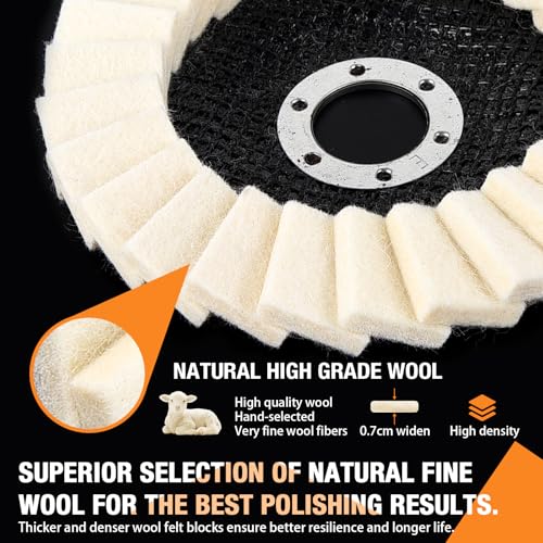 3 Pack Wool Felt Flap Polishing Disc, 5 Inch Stone Polishing Wheels for Angle Grinder High Density Wool Buffing Wheel Pad for Stainless Steel, Aluminum & Metal Surface Finishing Restoration
