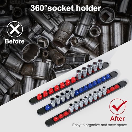 FIVEPEARS 6PCS 360° Socket Organizer Twist Lock,3/8 1/4 1/2 Socket Storage Rails, Premium Quality Socket Holders for Tool Box ，Tool Carts，Contains up to 80 Clips (Blue & Red) REDBLUE-6