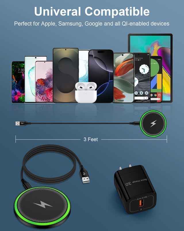 15W Wireless Charger for Google Pixel 10 Pro XL/10a/9 Pro XL/8 Fast Charge | Cordless Charging Pad with QC 3.0 USB Charger Block + USB-C Cable Cordless Charge Station Phone Charger for Android Wire less Black