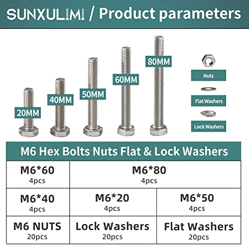 M6 Screws 20-80mm Hex Head Bolts Screws, Nuts, Flat & Lock Washers, Stainless Steel 304, Machine Fully Thread, Bright Finish, Assortment Kit 20Sets M6 Hex Bolts 20Set