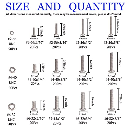 Machine Screw Assortment Kit #2-56/ #4-40/ #6-32 UNC Button Head Cap Screws Bolts Nuts 304 Stainless Steel Nuts and Bolts Assortment Kit, Full Thread, Allen Hex Drive, 390 Piece