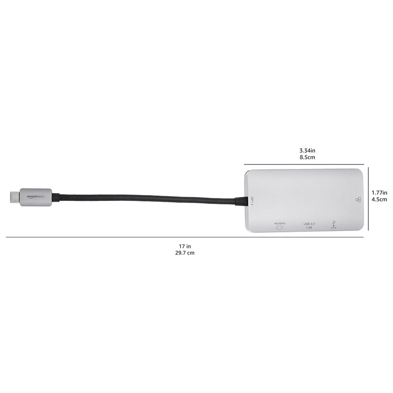 Amazon Basics 4-in-1 USB C Adapter with USB-C to HDMI, Ethernet Port, USB 3.0 and 100W Power Delivery, Gray, 3.35 x 1.77 x 0.51 inches