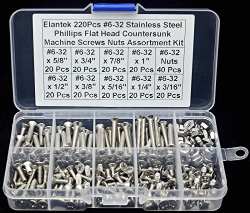 #6-32 UNC 304-Stainless Steel Phillips Flat Head Countersunk Machine Screws Nuts Assortment Kit #6-32