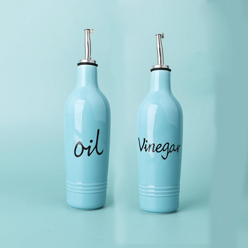 HAOTOP Farmhouse Ceramic Oil and Vinegar Dispenser Bottle Set, Perfect for Storage of Oil and Vinegar,13 oz (Turquoise) Turquoise