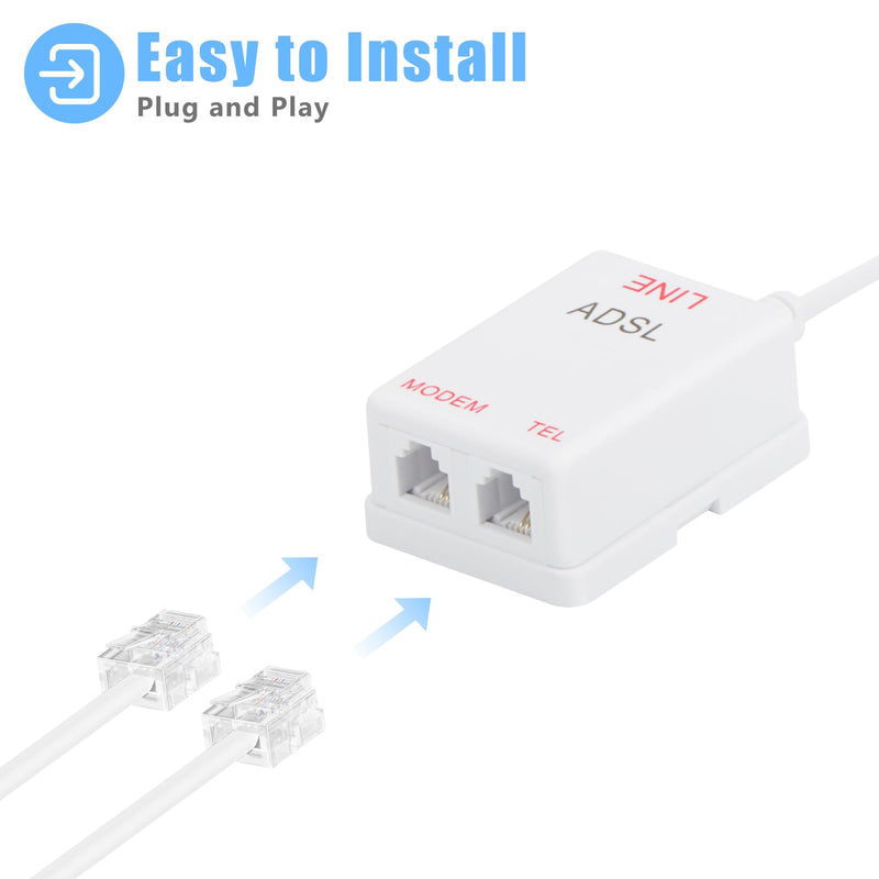 DSL Filter Splitter for Phone Line, 1 Pack RJ11 6P2C DSL Filter, DSL Phone Line Filter Splitter 1 Male to 2 Females, White ADSL Modem for Telephone 1 Pack White ADSL