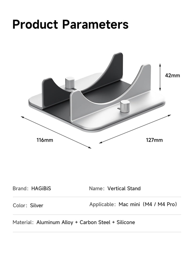 Hagibis Vertical Stand for Mac Mini M4, Aluminum Alloy Laptop Stand Anti-Slip Computer Holder Desktop Stand Compatible with M4 Chip Mac Mini Pro
