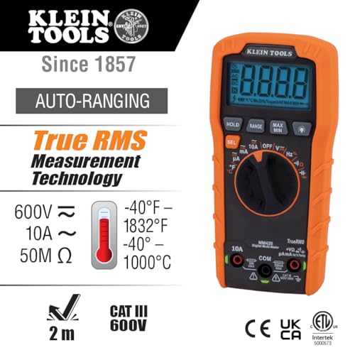 Klein Tools MM420 Digital Multimeter, Auto-Ranging TRMS Multimeter, 600V AC/DC Voltage, 10A AC/DC Current, 50 MOhms Resistance