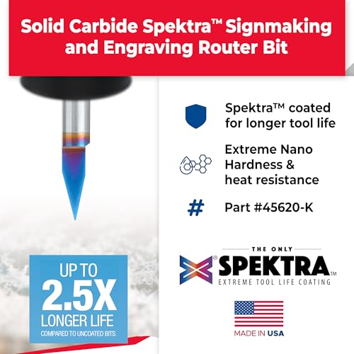 Amana Tool 45620-K Solid Carbide Spektra Extreme Tool Life Coated 30 Degree Engraving 0.0108 Tip Width x 1/4 SHK x 2 Inch Long Signmaking Router Bit