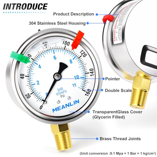 MEANLIN MEASURE 0~160Psi Liquid Filled Pressure Gauge 1/4" NPT 2.5" FACE DIAL Stainless Steel Glycerin Filled WOG Water Oil Air Lower Mount (with 2PCS Snaps) 0-160Psi Lower Mount (1/4NPT)