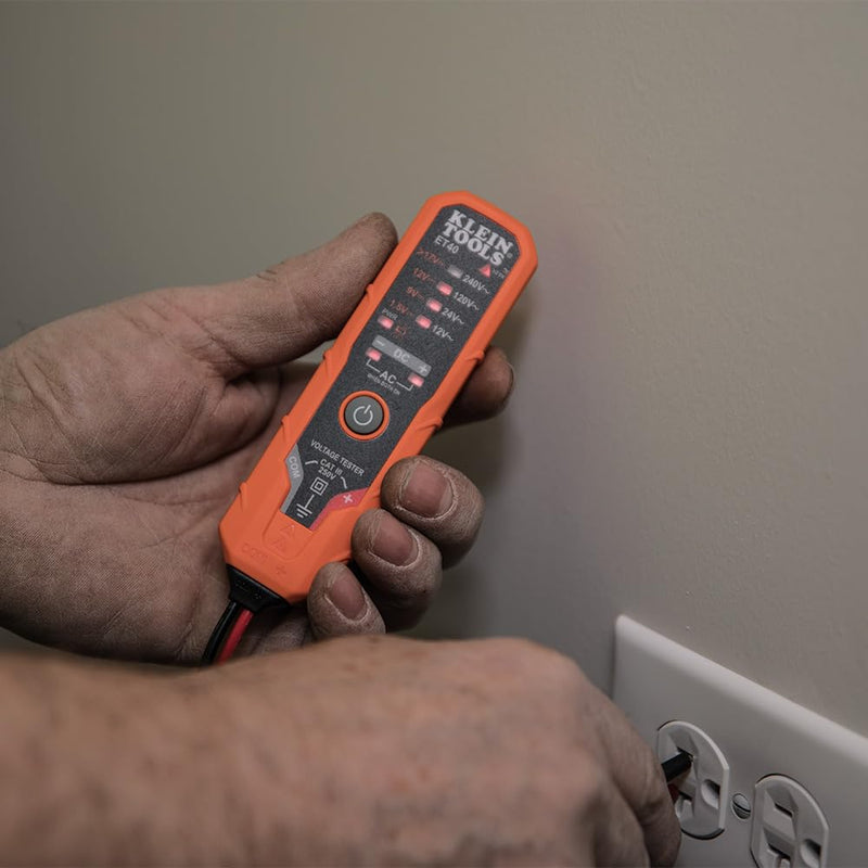 Klein Tools ET40 Digital AC/DC Voltage Tester, 12-240V AC, 1.5-24V DC, LED Illumination, DC Polarity, Auto Off, CAT III 250V-Class 2- Double Insulation, IP41 Dust and Water Resistant 12/240 V