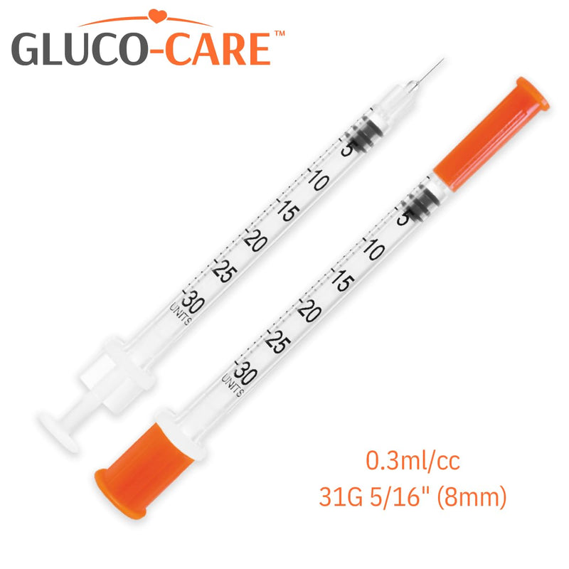 GLUCO-CARE 0.3 ml/cc Syringes 31G x 5/16’’ (8mm), Orange Cap, Box of 100 pcs 0.3ml 31G 5/16"
