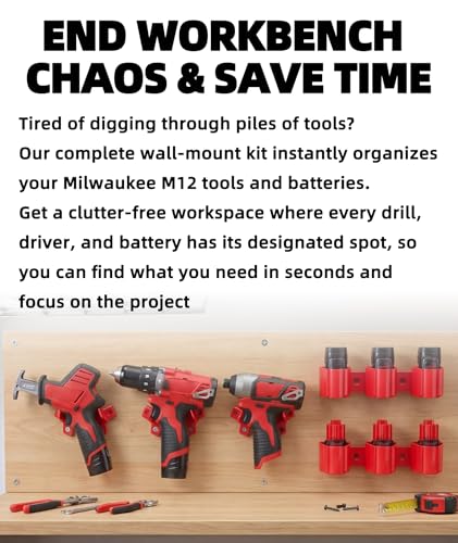 Tool Holders and Battery Holder Wall Mount for Milwaukee M12 12V Tools – All-in-One Organizer Kit with Screws for M12 Drill, Impact Driver, Hackzall, Multi-Tool – Fits Workbench, Van, Toolbox
