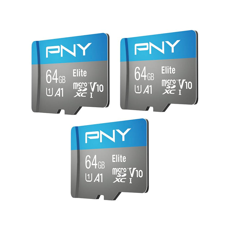 PNY 64GB Elite Mobile Accessories Class 10 U1 V10, A1 microSDHC Flash Memory Card for Mobile Devices - 100MB/s, Full HD, UHS-I, Micro SD 3-Pack 64GB 3-Pack