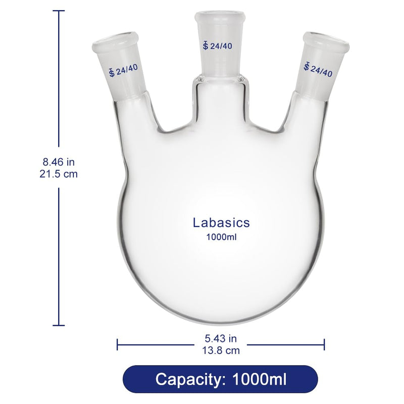 Labasics Glass 1000ml 3 Neck Round Bottom Flask RBF, with 24/40 Center and Side Standard Taper Outer Joint, 1000ml 1000 ml