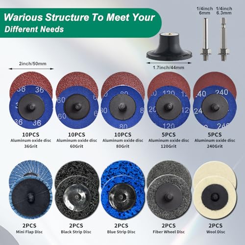 51Pack 2 Inch Die Grinder Accessories Sanding Discs Kit with 1/4" Shank Roll on Discs Set for Drill Metal Grinding Surface Conditioning Paint & Rust Removal