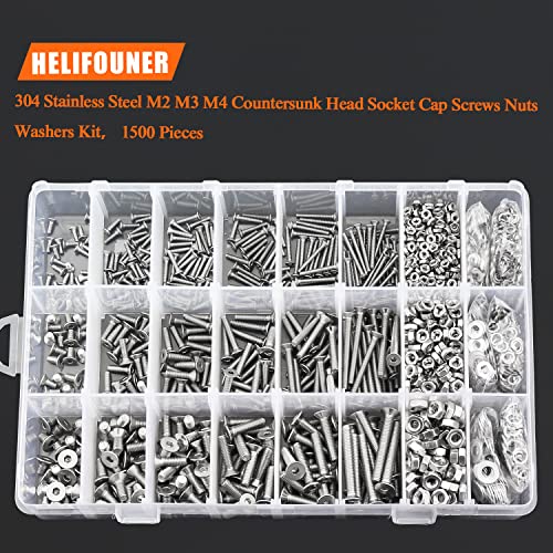 HELIFOUNER 1500 Pieces M2 M3 M4, 304 Stainless Steel Countersunk Head Socket Cap Metric Screws Bolts Washers Nuts Hardware Assortment Kit with Hex Wrenches