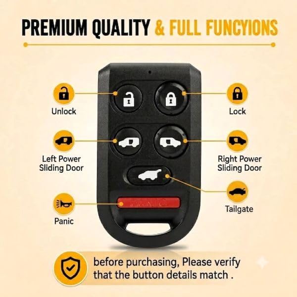 Key Fob Replacement Fits for Honda Odyssey 2005 2006 2007 2008 2009 2010 | 6-Button Key Fob Keyless Entry Remote Control (FCC ID: OUCG8D-399H-A, P/N: 72147-SHJ-A61, 314MHz)