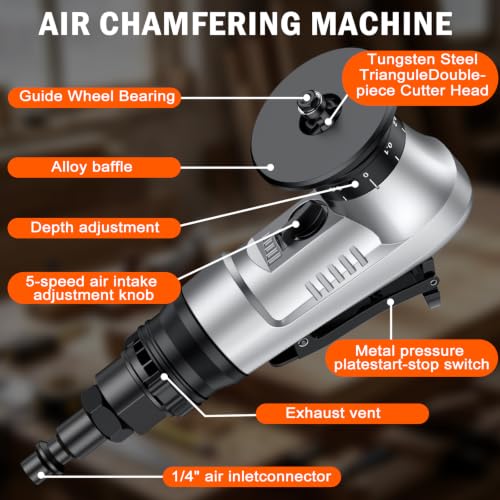 Pneumatic Chamfer Tool, 45 degree tile chamfering tool with 8 C-Angle & 6 R-Angle Blades & 6 durable bearings, Upgrade, Mini Air Chamfer Tool with 1/4 Inch Air Inlet for Metal and Wood-Silver Silver