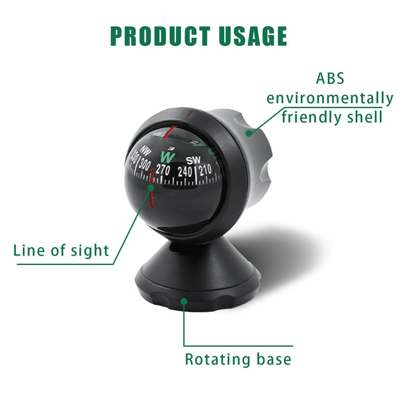 Car Compass Ball, Dash Mount Adjustable Compass Ball with Bottom Stick, Navigation Hiking Direction Pointing Guide Ball for Marine Boat Truck Caravan Outdoor, Universal Car Accessories