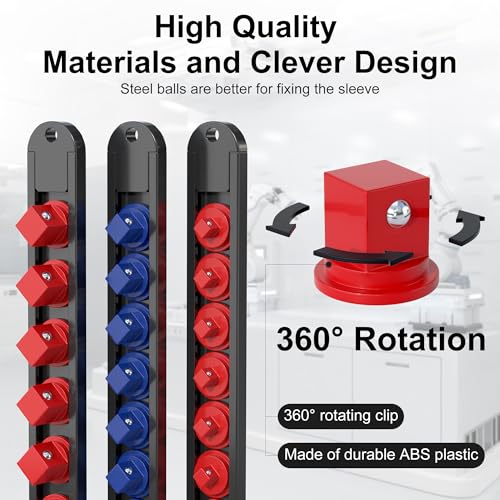 FIVEPEARS 6PCS 360° Socket Organizer Twist Lock,3/8 1/4 1/2 Socket Storage Rails, Premium Quality Socket Holders for Tool Box ，Tool Carts，Contains up to 80 Clips (Blue & Red) REDBLUE-6