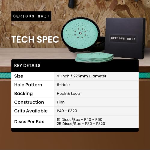 Serious Grit - 225mm (9-Inch) P220 Grit Drywall Sanding Discs - 25 Pack Box 220 Grit