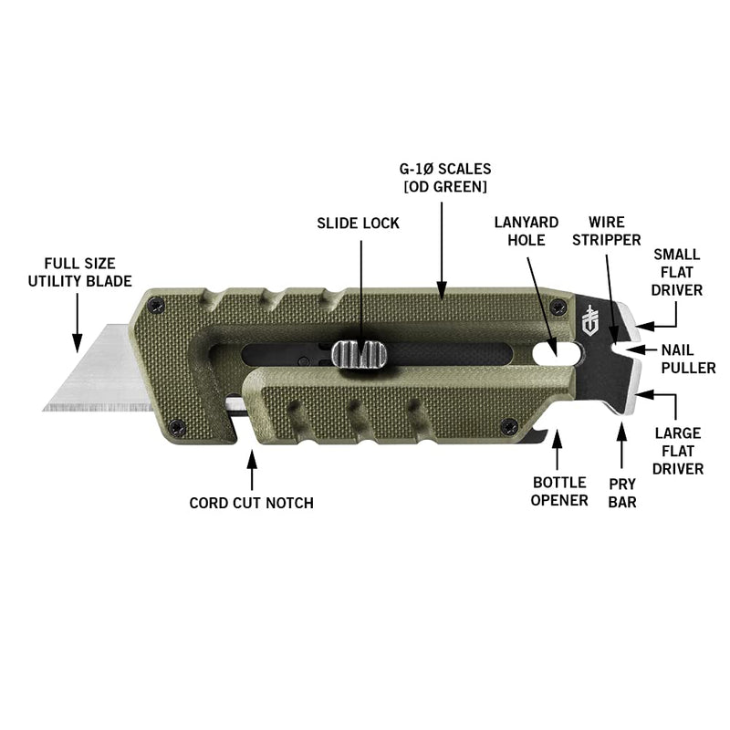 Gerber Gear Prybrid Utility EDC Multitool Pocket Utility Knife, Razor Knife with Retractable Box Cutter Blade and Pry Bar, Green G10 with Clip