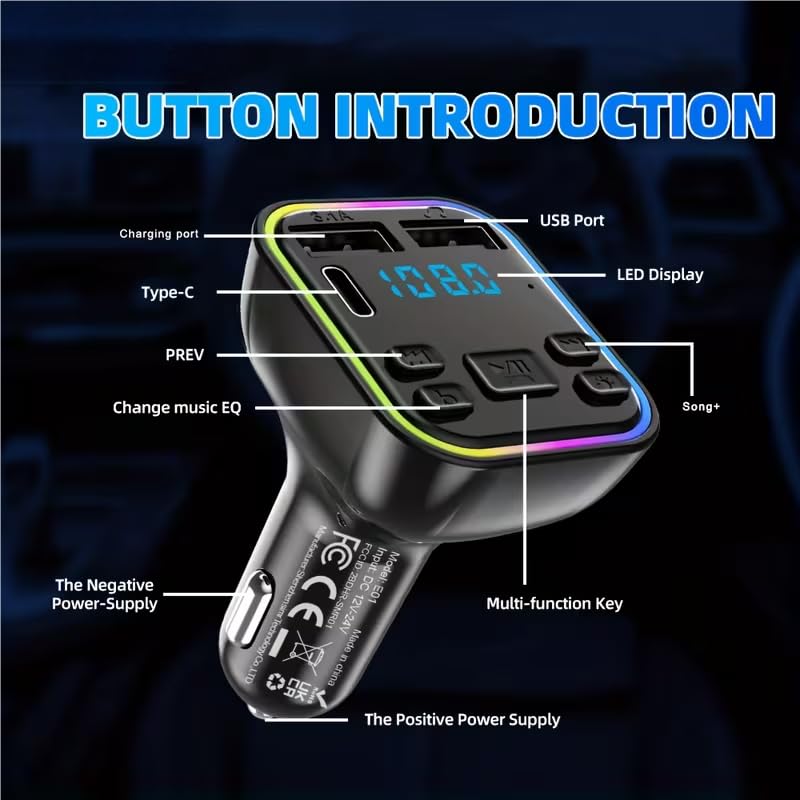 Car MP3 Player, Wireless FM Transmitter, USB and C Fast Charging, Mobile Phone Kit - Car Mobile Phone kit, FM Modulator for MP3 Players