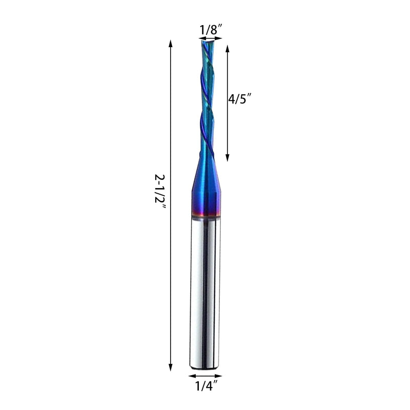 2PCS Downcut Spiral Router Bit 1/4 inch Shank, 1/8 inch Cutting Diameter Solid Carbide with Nano Blue Coating CNC Send Mill for Wood , Carving 1/8D*4/5CL*1/4SHK*2-1/2OL, D2110BC 2 Down Cut 1/8 inch cutting dia