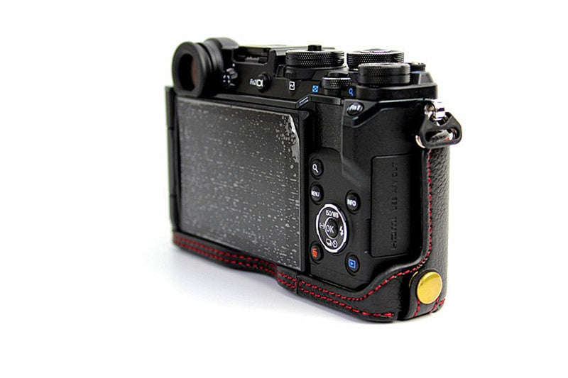 PEN-F Case, BolinUS Handmade Genuine Real Leather Half Camera Case Bag Cover for Olympus PEN-F Bottom Opening Version + Hand Strap - Black