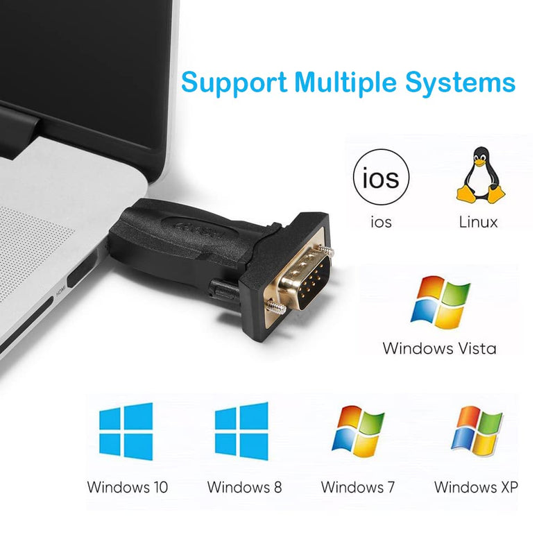 USB to RS232 Adapter with FTDI Chipset, USB to RS232 Male DB9 Serial Converter for Cashier Register, Modem, Scanner, Industriual Machinery, CNC, Black USB to DB9 male Adapter