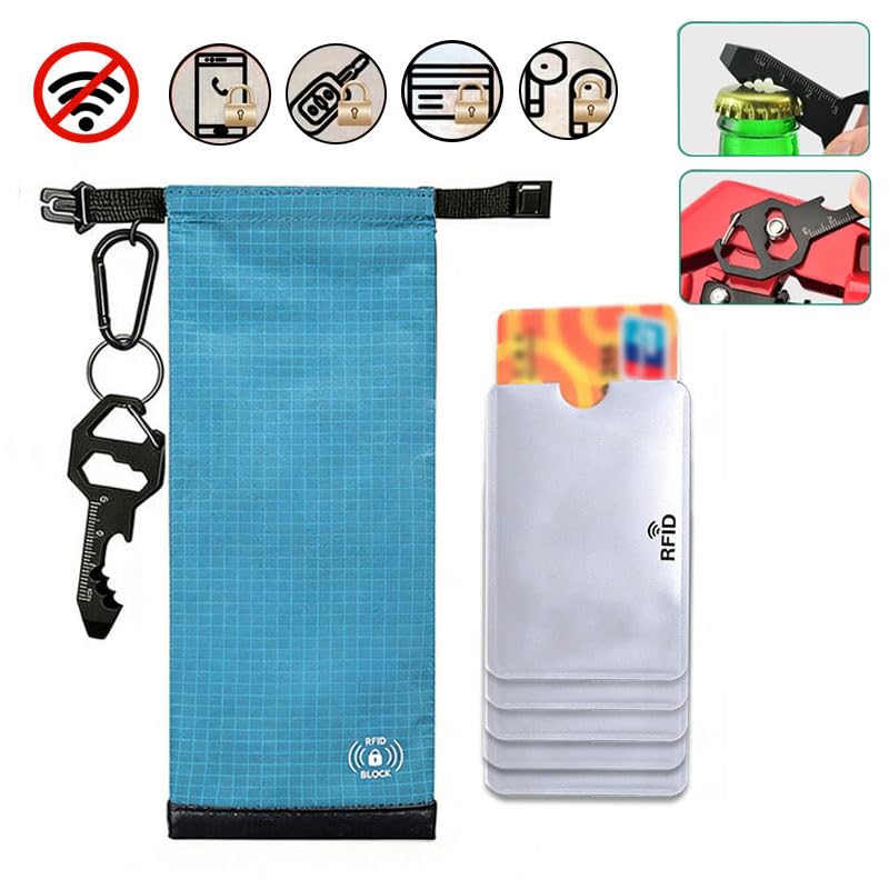 RFID Blocking Phone Pouch,5 RFID Card Sleeves &1 Tool Card Carabiner, Blue | Made of lightweight nylon, it blocks GPS signals to prevent tracking and data theft for privacy protection.