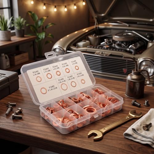 Copper Oil Drain Washers Kit, High-Temp Red Sealing Gaskets, 200Pcs 9-Size Assortment for Automotive Engine Oil Changes