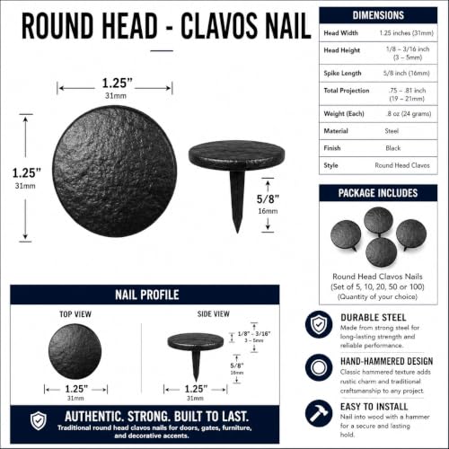 1.5”- ROUND HAMMERED Clavos Nails | Hand Forged Iron Black Decorative Hardware Doors Gates Beams Furniture Rustic Old World Farmhouse Accent (5) 5