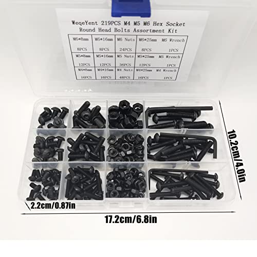 219 Pcs Threaded Button Head Hex Socket Bolts and Nuts, Black Black Round Head