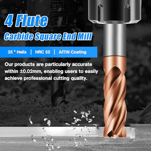 3/8" Carbide End Mills - 4 Flute Square End Mill with AlTiN Coating, HRC 55 Deg, 4T Tungsten Milling Bits for Stainless Steel, Hardened Steel, Cast Iron, Copper, Alloys & More 3/8 in 1