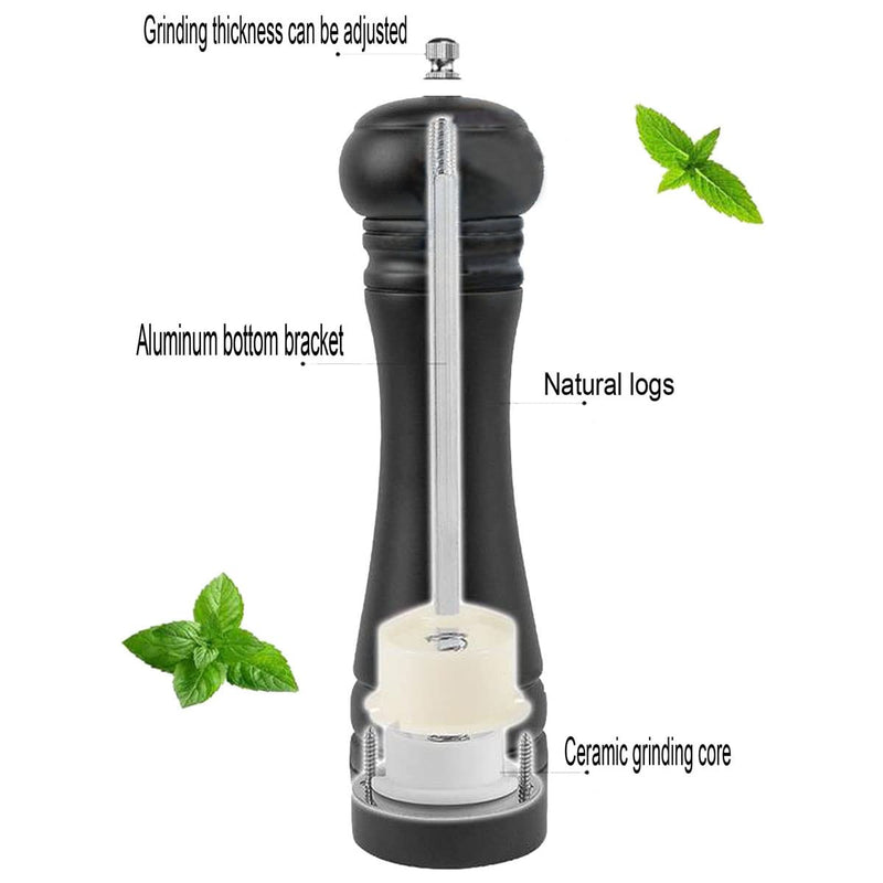 Wooden Pepper Mill Set Salt Black Pepper Grinder Kit Manual Mills Solid with Strong Adjustable Ceramic Grinders 2 Piece 8 Inches F 2 Retro + Black