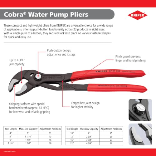 KNIPEX 87 01 180 SBA, 7-1/4 in. Cobra® Water Pump Pliers, Capacity 1-1/2 in