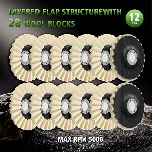 12Pcs Wool Felt Flap Polishing Disc 4-1/2" Buffing Polishing Wheels for Angle Grinder 7/8" Arbor High Density Wool Polishing Wheel for Metal Wood Surface Buffing White 4.5 12