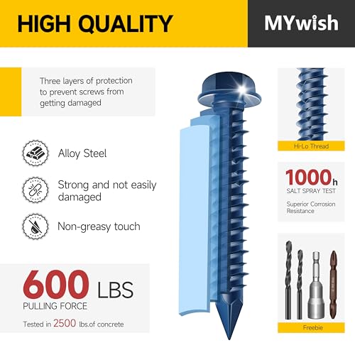 Mywish 105Pcs Concrete Screws Assortment Kit, Flat Pillips & Hex Head Masonry Block Brick Cement Screws with Drill Bit, Concrete Screws Set for Concrete Masonry Stucco Brick