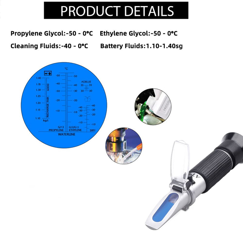 Antifreeze Refractometer, 3-in-1 Antifreeze Coolant Tester for Checking Freezing Point, Concentration of Ethylene Glycol Propylene Glycol Based Automobile Antifreeze Coolant Condition Antifreeze Refractometer Black
