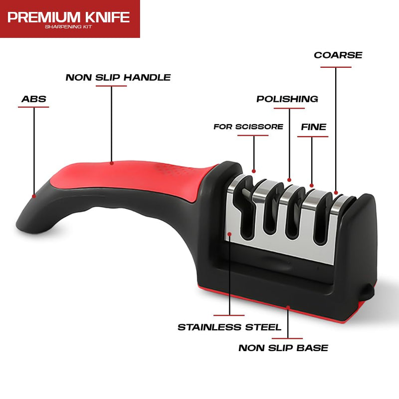 Premium 4-in-1 Knife Sharpening Kit, Kitchen knife sharpener with Anti-Cut Gloves and Extra Sharpening Blade, Red and Black, Professional Grade Kitchen Tool Set