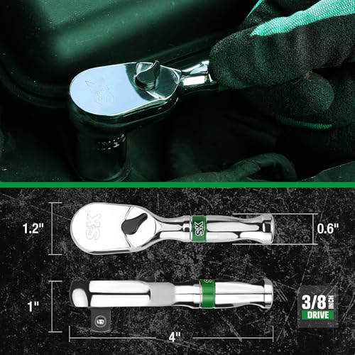 SK 3/8" Drive Stubby Ratchet Handle, 90-Tooth Pear Head, Alloy Steel