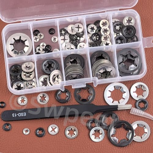 Swpeet 208Pcs 9 Sizes 304 Stainless Steel + Manganese Steel Internal Tooth Lock Washers with Tweezers Kit, M2 M2.5 M3 M4 M5 M6 M8 M10 M12 Spring Push On Locking Nuts Speed Clips Retaining Clips