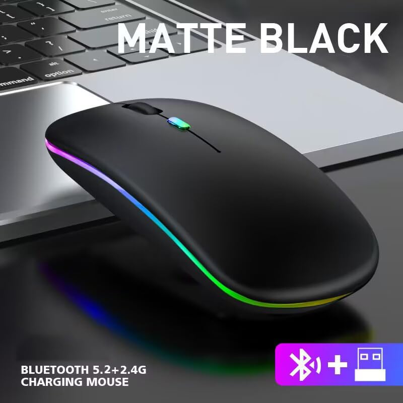 Wireless Bluetooth Mouse,LED Dual Mode Rechargeable Silent Slim Laptop Mouse,Portable(BT5.2+USB Receiver) Dual Mode Computer Mice,for Laptop,Desktop Computer,ipad Tablet,Phone,TV (Black) black